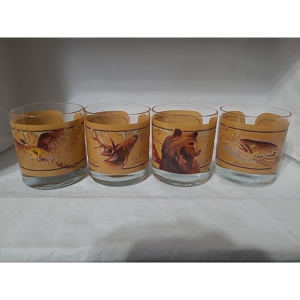 4 Vtg Avon Tom O'Brien Wildlife Cocktail Bar Glasses Low Ball Whiskey Glassware
